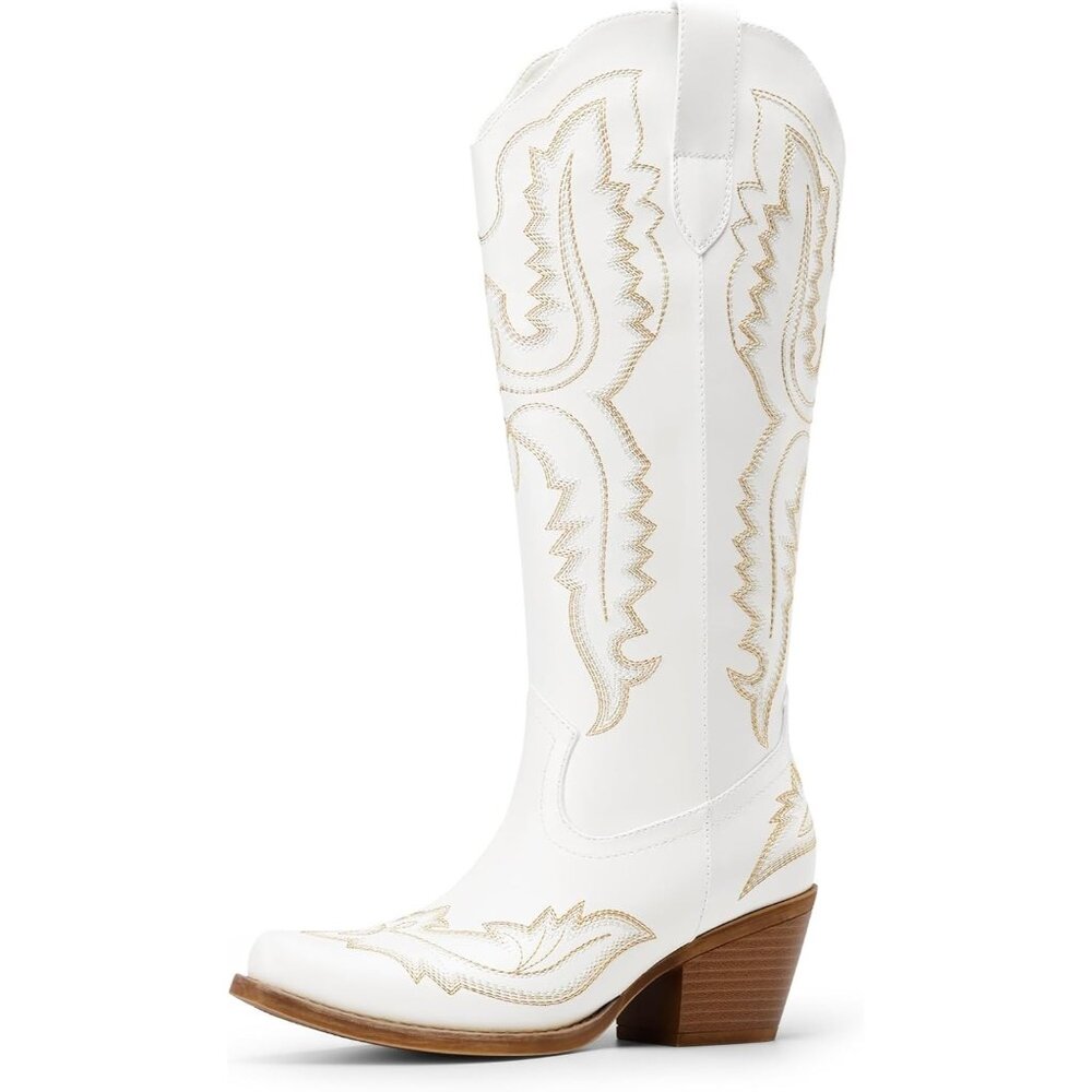 Women's White Square Toe Comfortable Side Zipper Tall Cowboy Knee High Boots